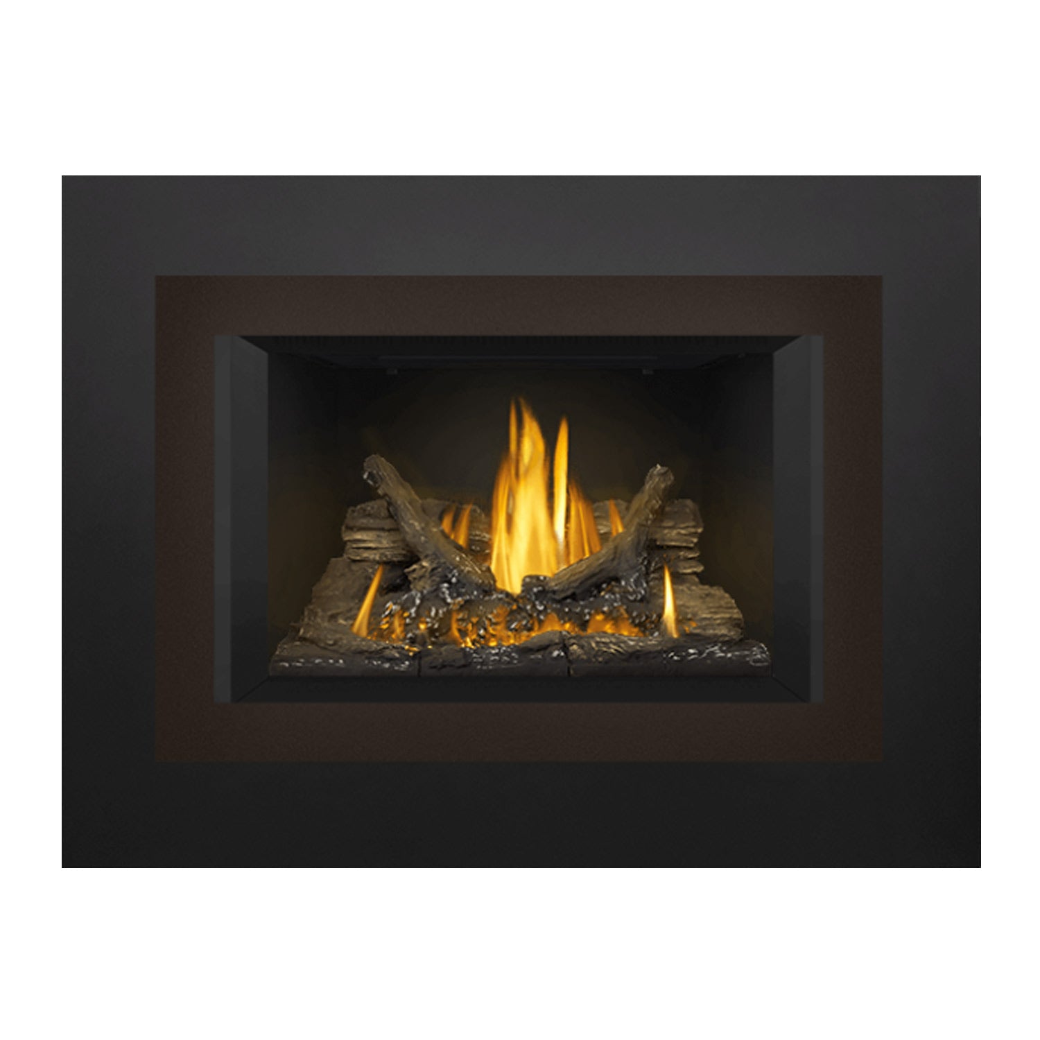 Direct vent gas fireplace insert with dark metal surround and steady yellow flames