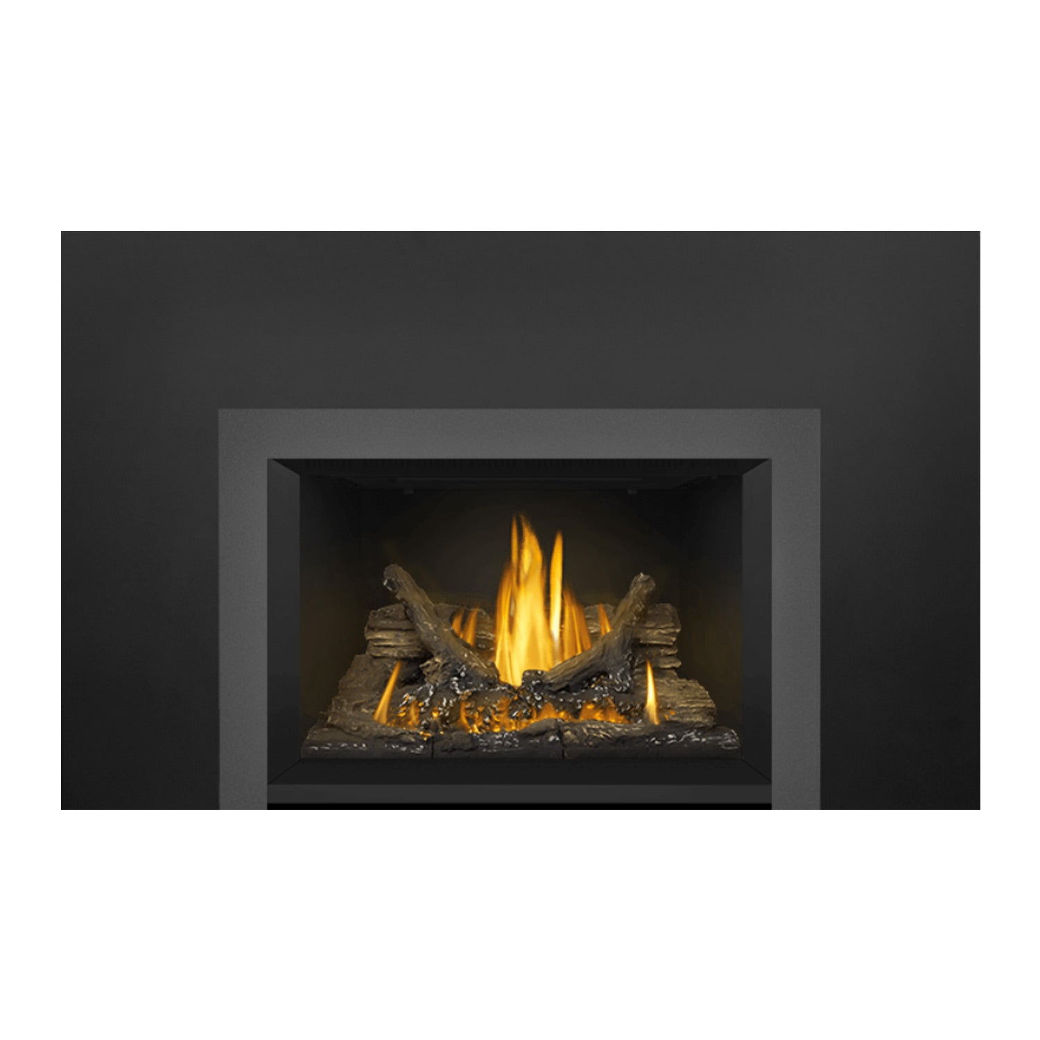 Direct vent gas fireplace insert, firebox view with burning logs and yellow fire