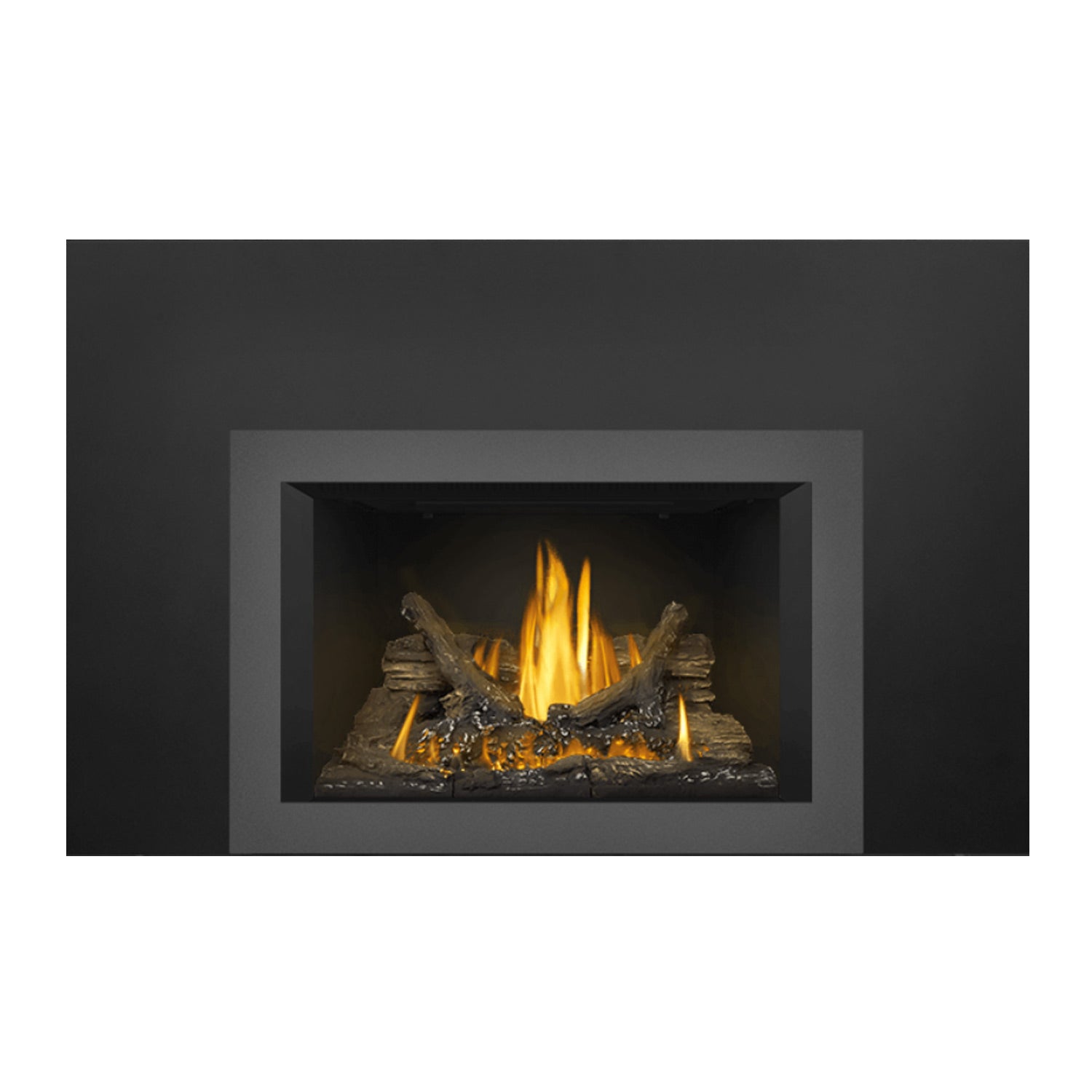 Black direct vent gas fireplace insert with burning logs and yellow flame tongues