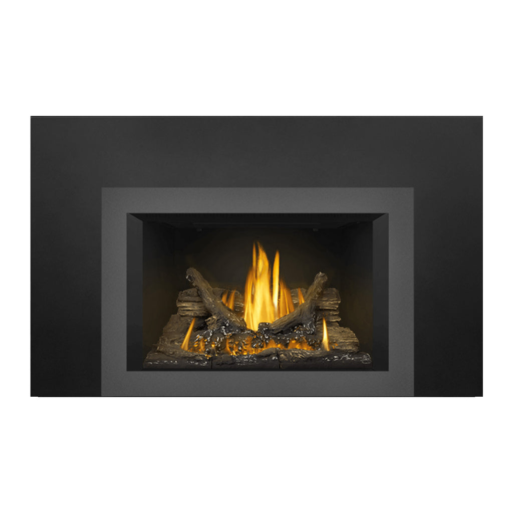 Direct vent gas fireplace insert with dark frame and glowing fire bed with flames