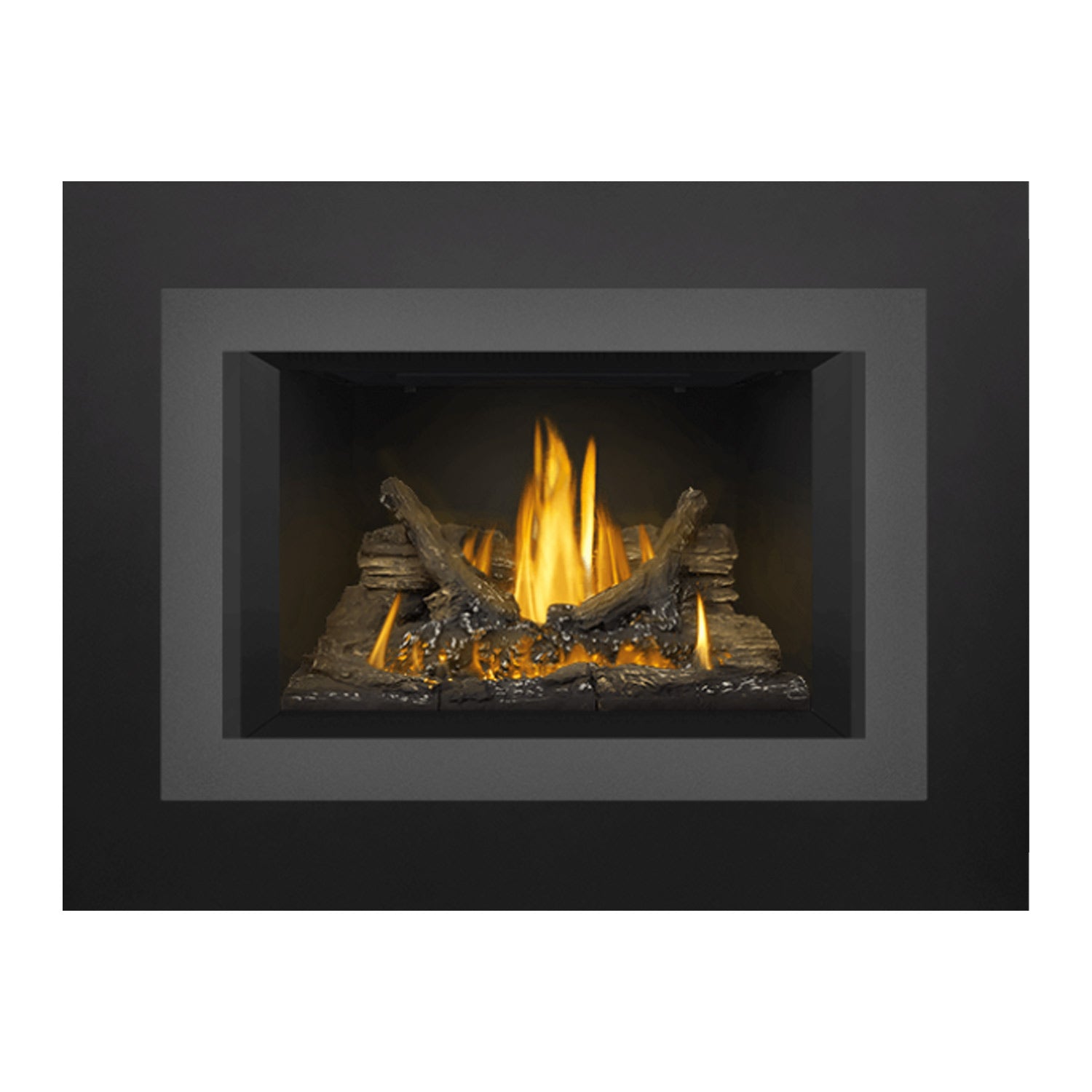 Gas fireplace insert with dark surround and burning logs in rectangular opening