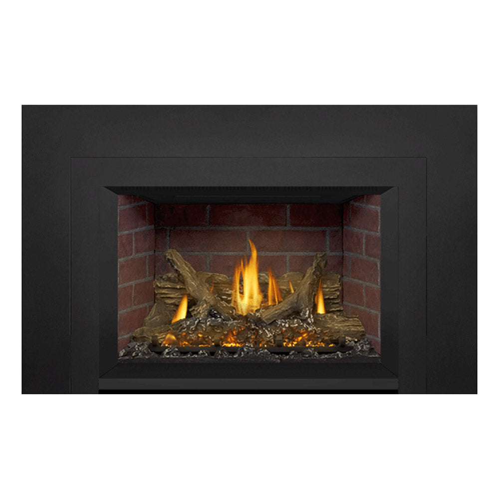 Napoleon direct vent gas fireplace insert with black trim, flames over logs and embers