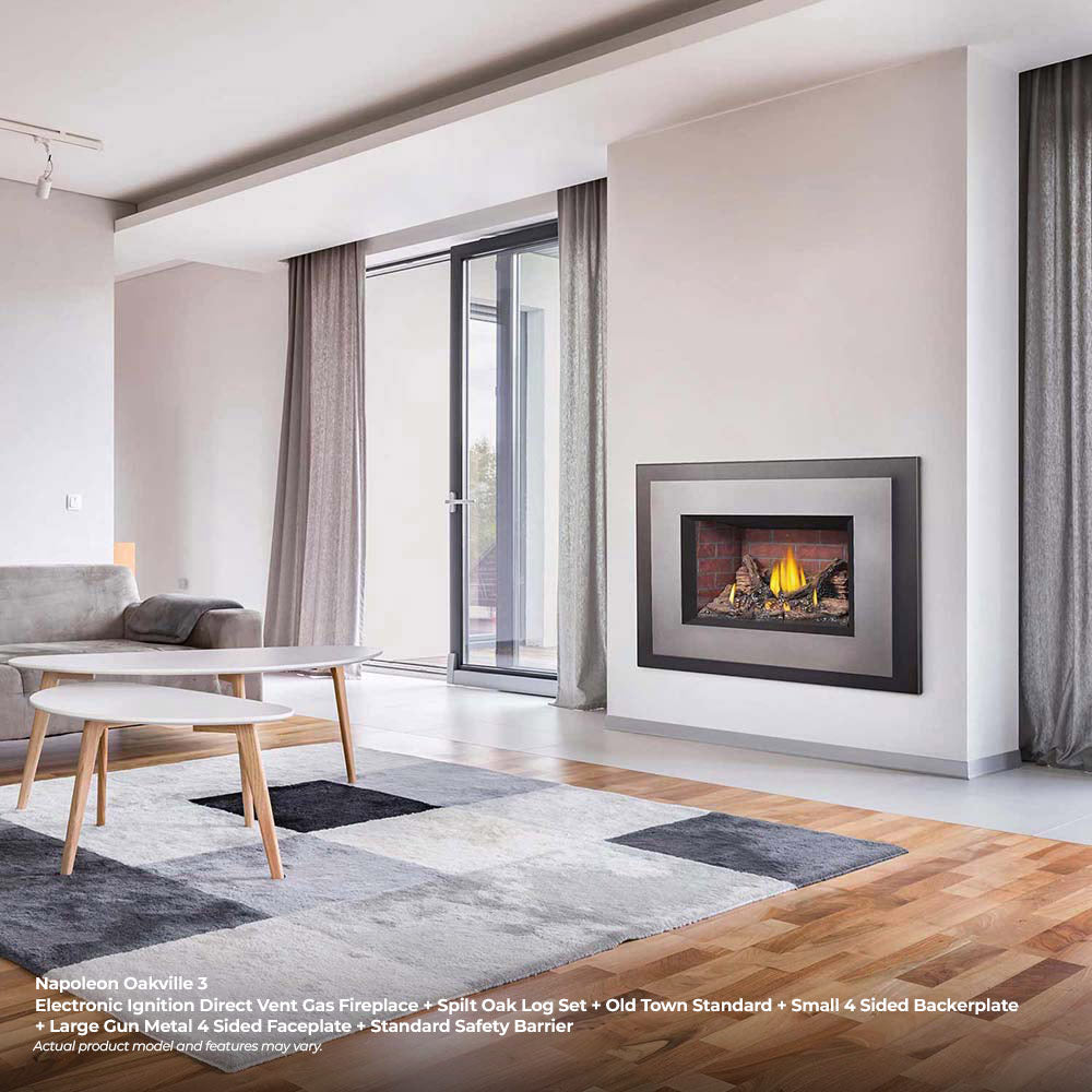 Napoleon direct vent gas fireplace insert on wall, black frame with flames and stacked logs