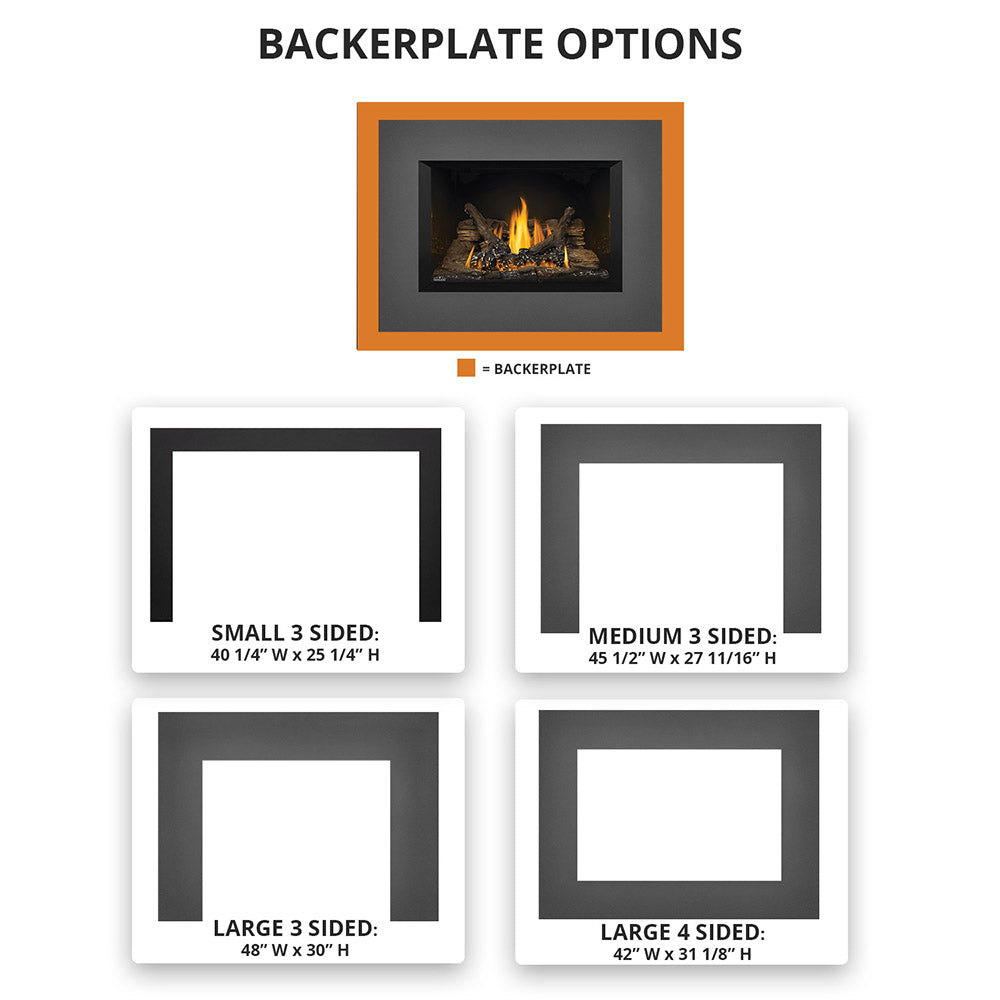 Backplate options chart for fireplace insert, showing small, medium, and large 3-sided sizes