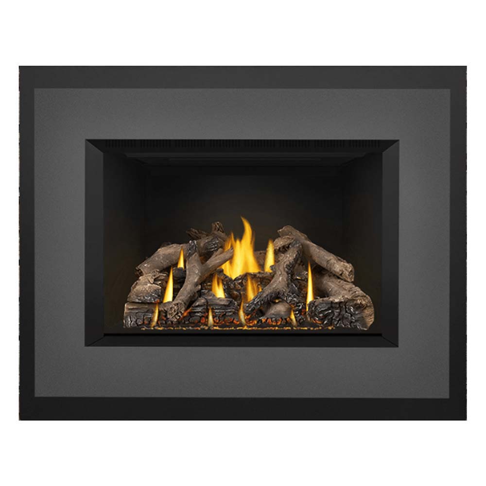 Direct vent gas fireplace insert with black trim and visible flame bed