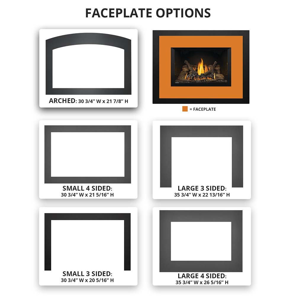 Gas fireplace insert faceplate options layout with arched and rectangular frames