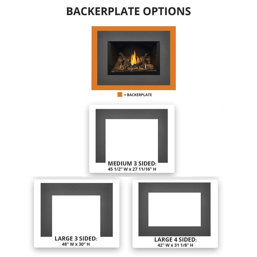 Gas fireplace insert backplate size options diagram on white background