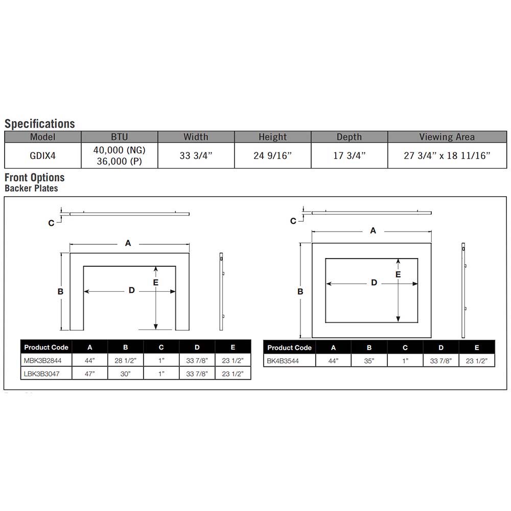 Gas fireplace insert dimensions and specifications diagram with labeled measurements
