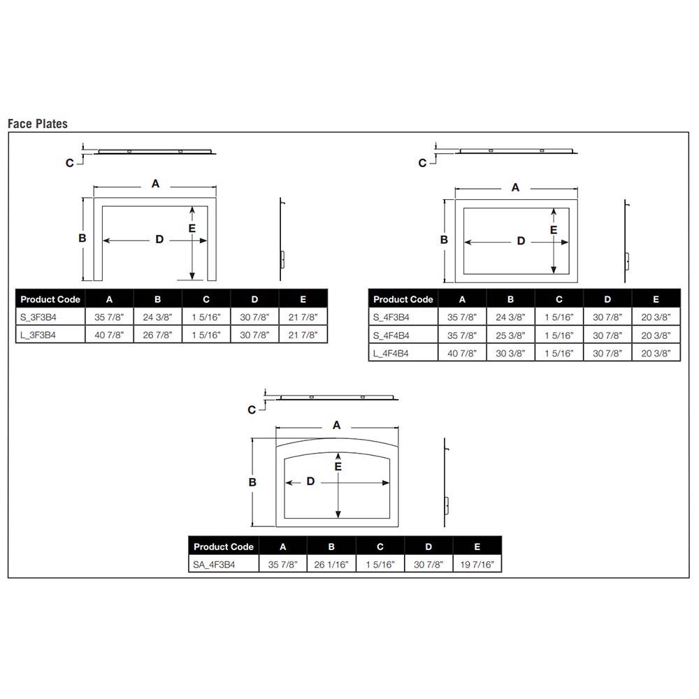 Gas fireplace insert face plate dimension diagram with measurement lines