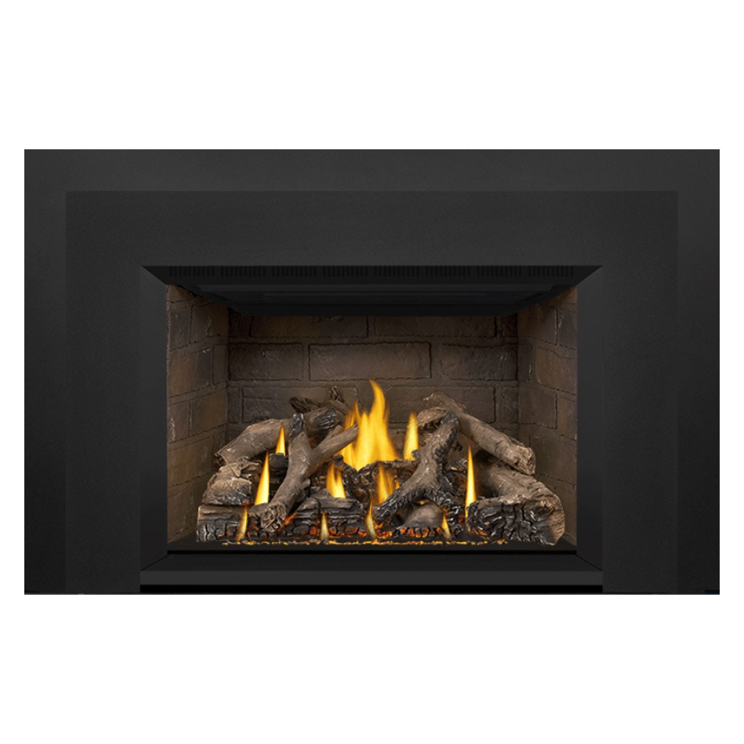 Direct vent gas fireplace insert with black surround, visible flames, and dark gray log pieces