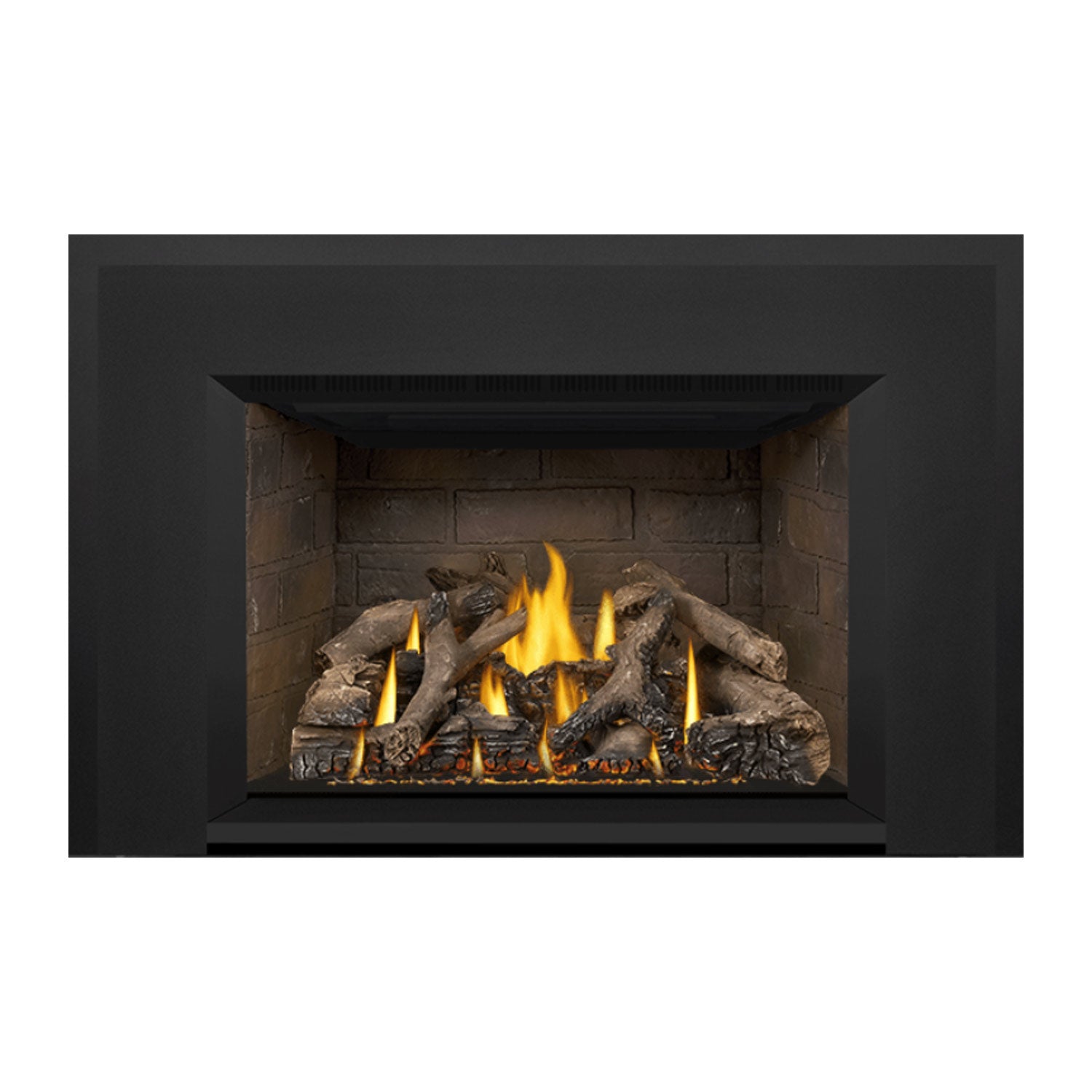 Direct vent gas fireplace insert with black surround and flame-lit log bed centered in opening