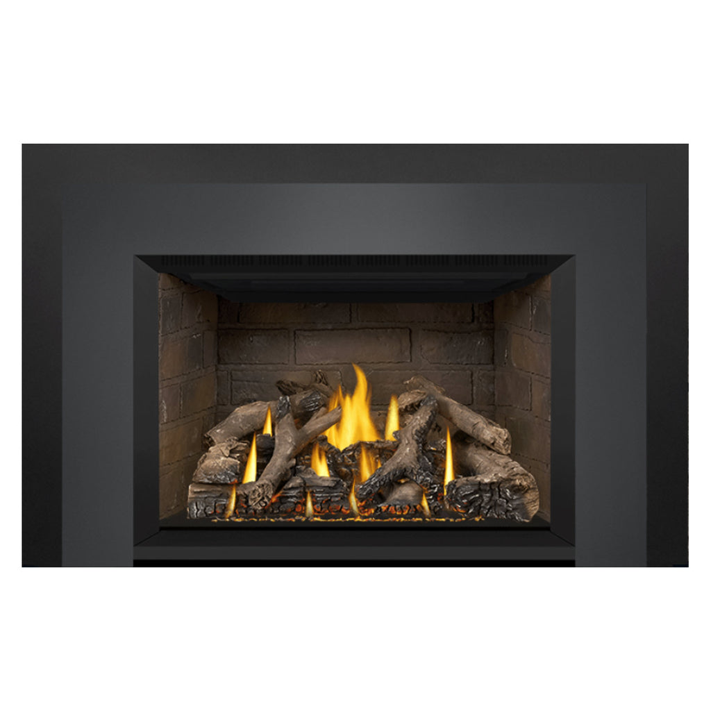 Gas fireplace insert centered view with burning logs in stone firebox and dark surround.