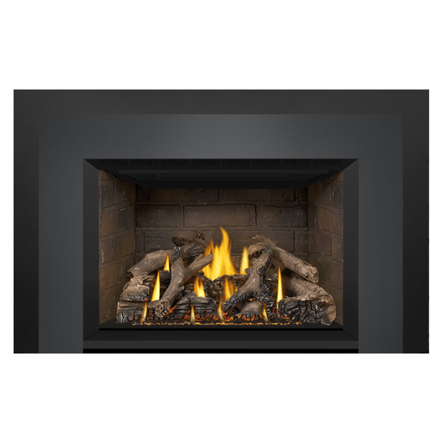 Gas fireplace insert centered view with burning logs in stone firebox and dark surround.