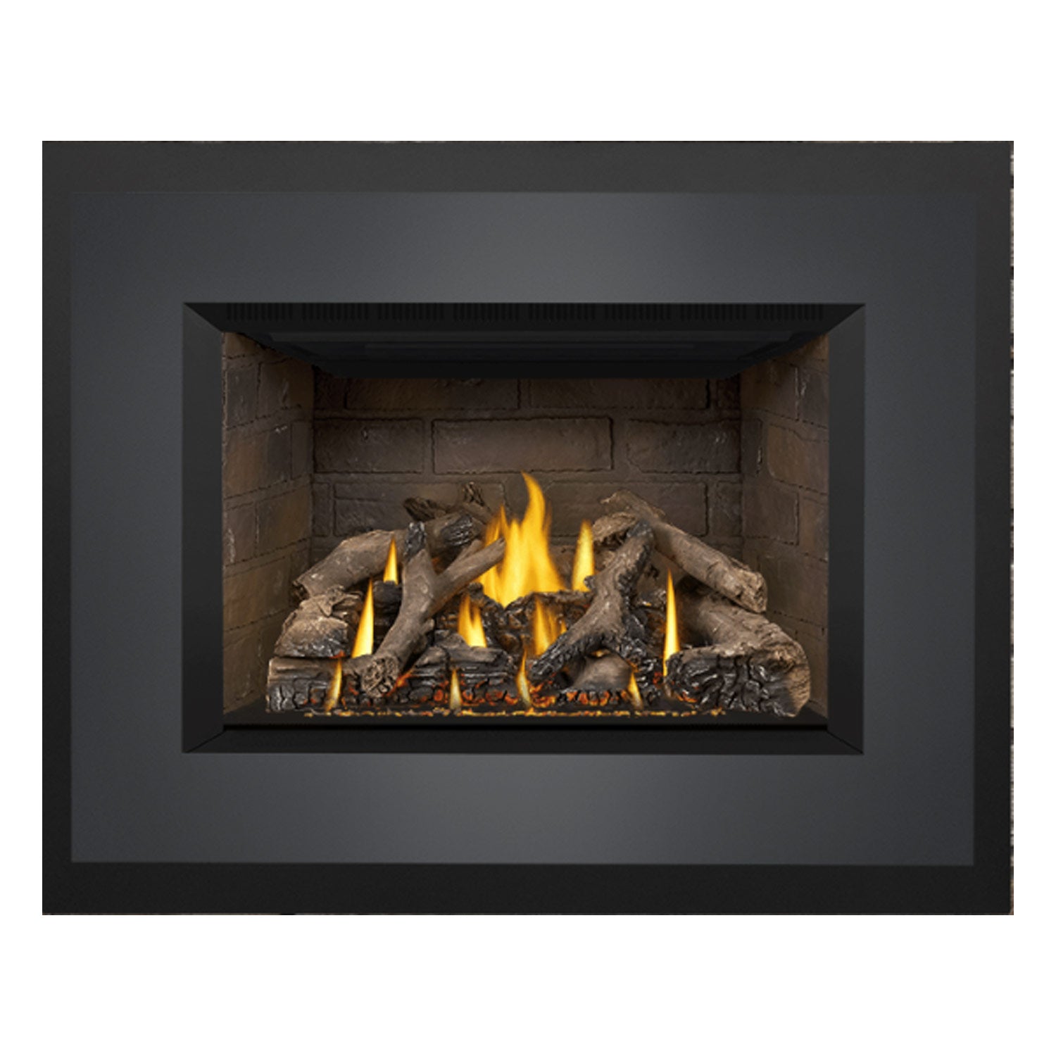 Gas fireplace insert showing burning logs in stone firebox with dark outer trim.