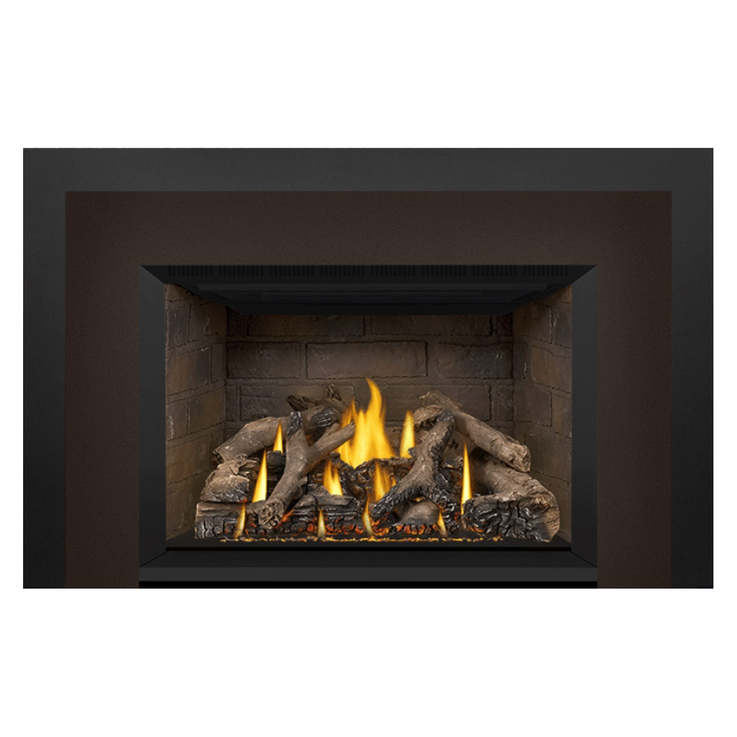 Gas fireplace insert showing burning logs in stone firebox with black surround framing.