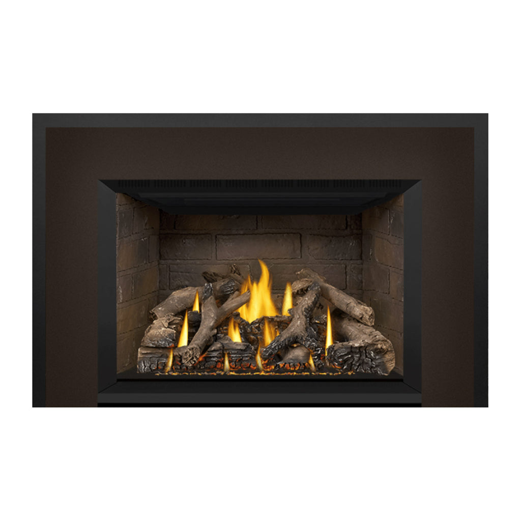 Gas fireplace insert with stone firebox, burning logs, and black front surround.