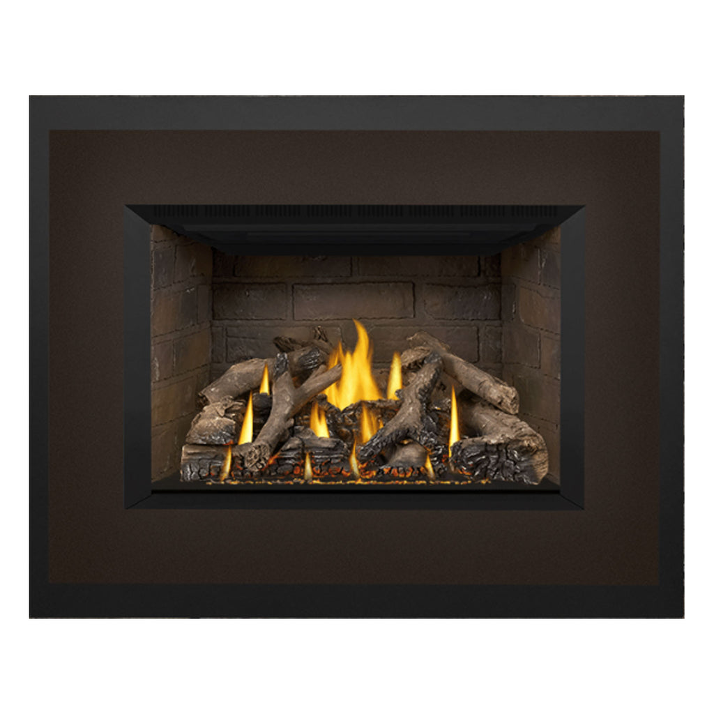 Gas fireplace insert front with stone firebox, burning logs, and black surround panel.