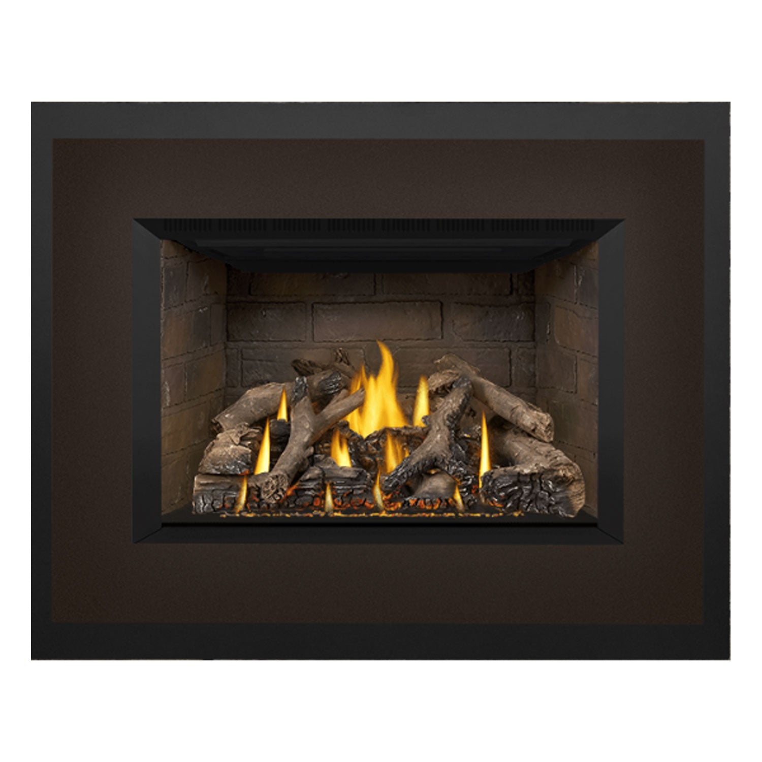Gas fireplace insert front with stone firebox, burning logs, and black surround panel.