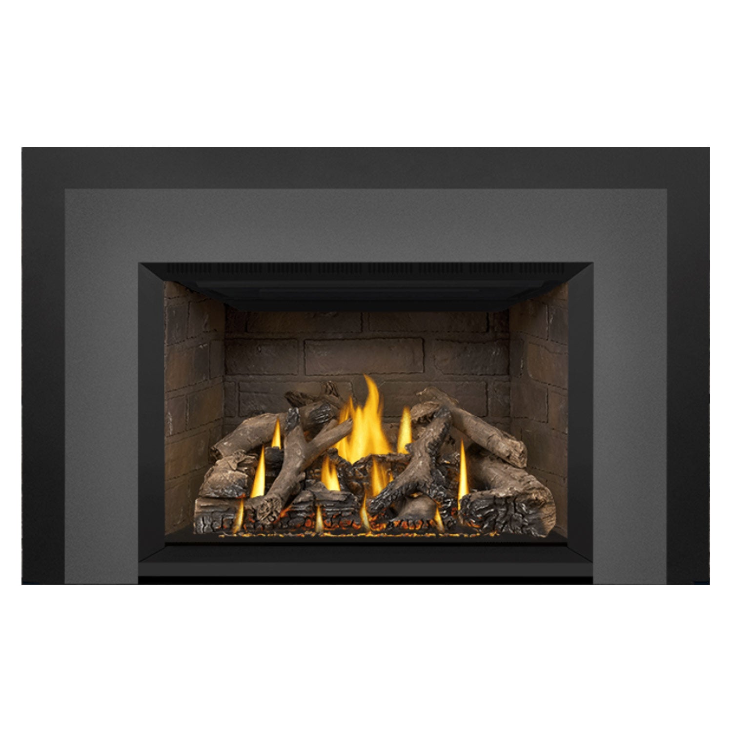 Gas fireplace insert front with stone firebox, burning logs, and black grille opening.