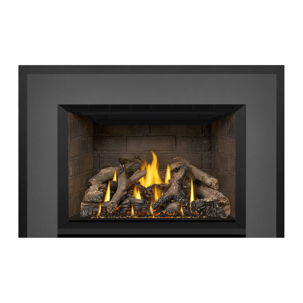 Gas fireplace insert with burning logs visible in stone firebox and dark outer trim.
