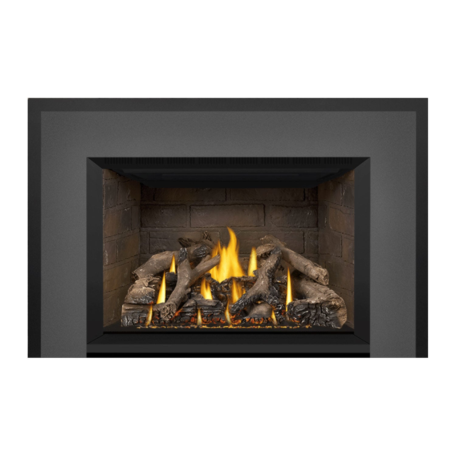 Gas fireplace insert with burning logs visible in stone firebox and dark outer trim.