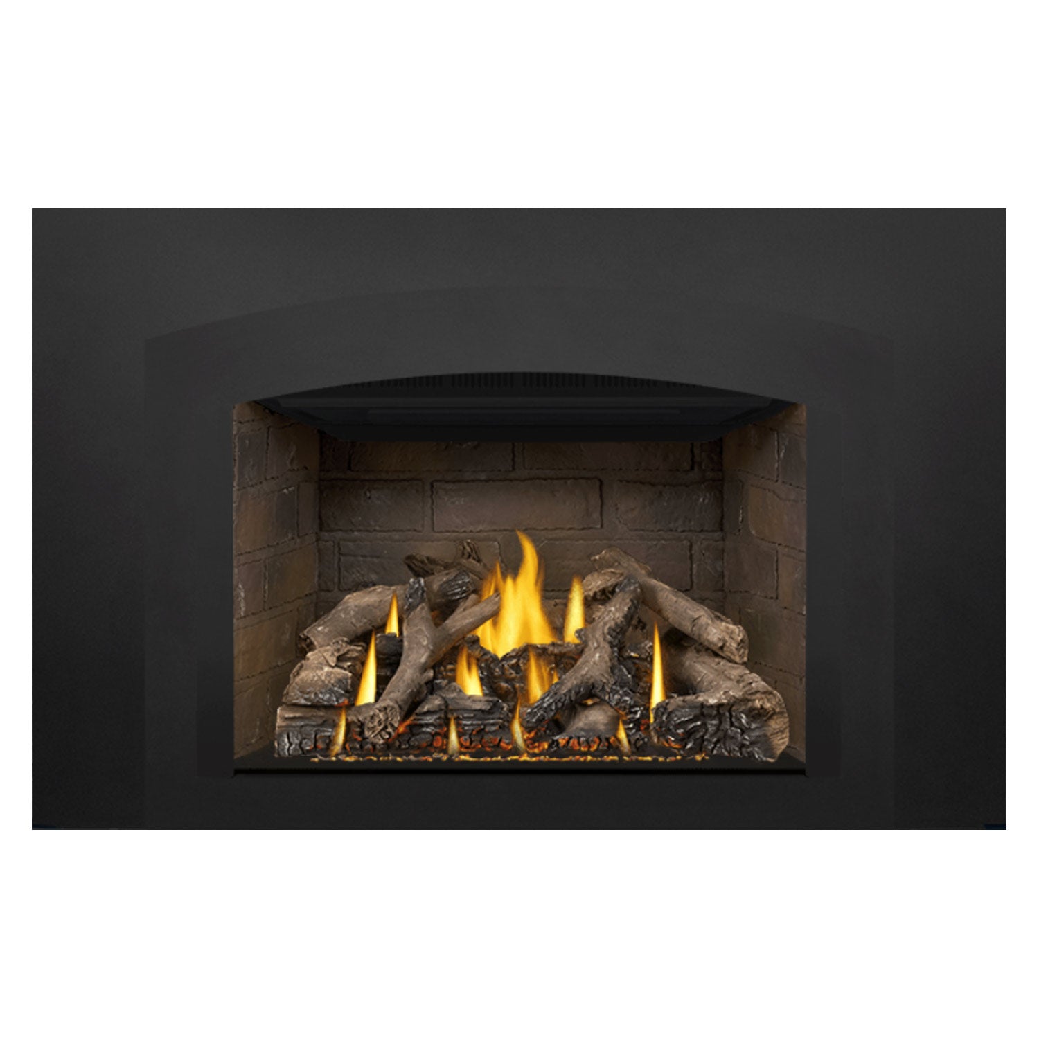 Direct vent gas fireplace insert front view with black frame, arched opening, and flames