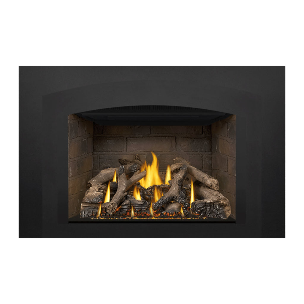 Direct vent gas fireplace insert with black surround and burning log bed with flames