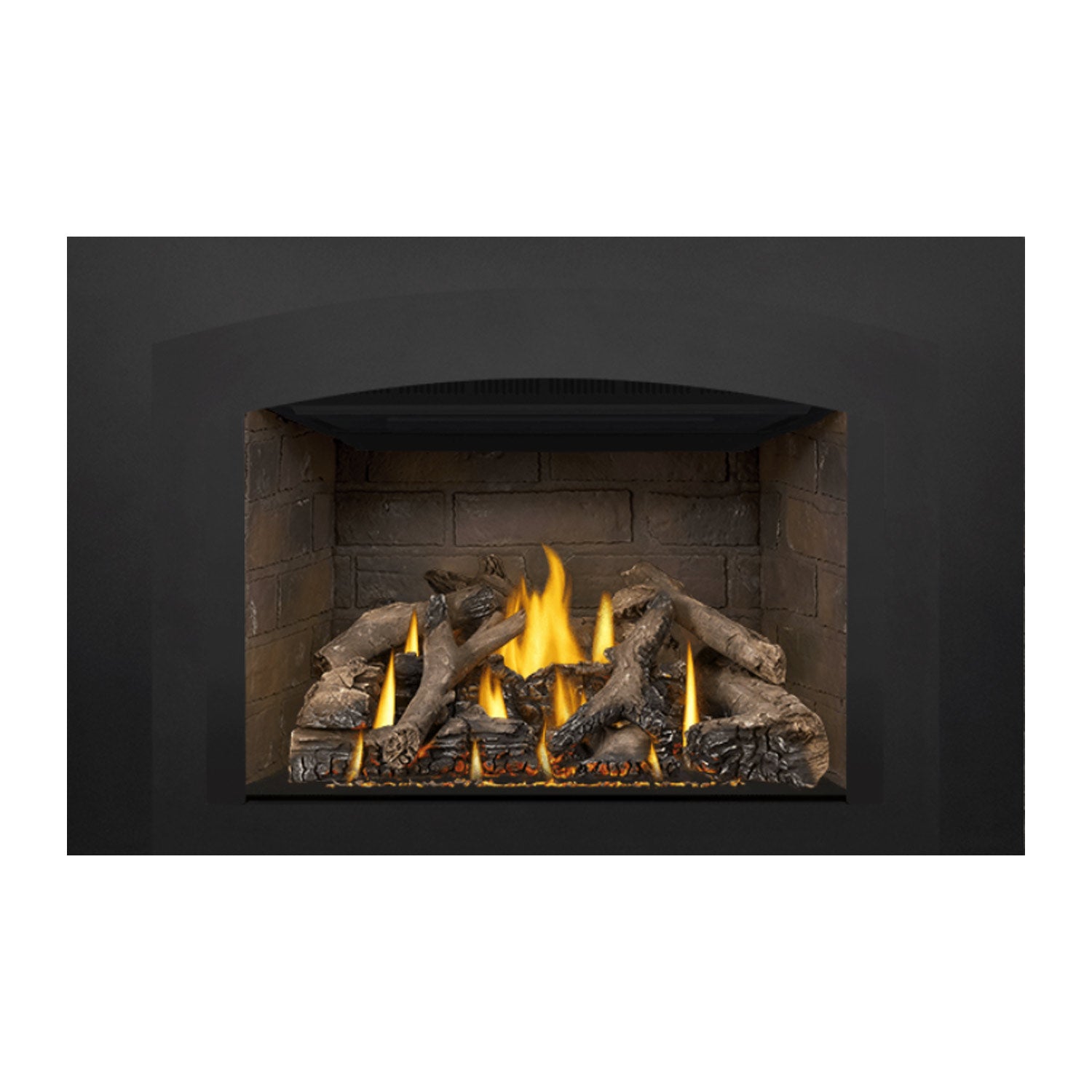 Direct vent gas fireplace insert with black surround and burning log bed with flames
