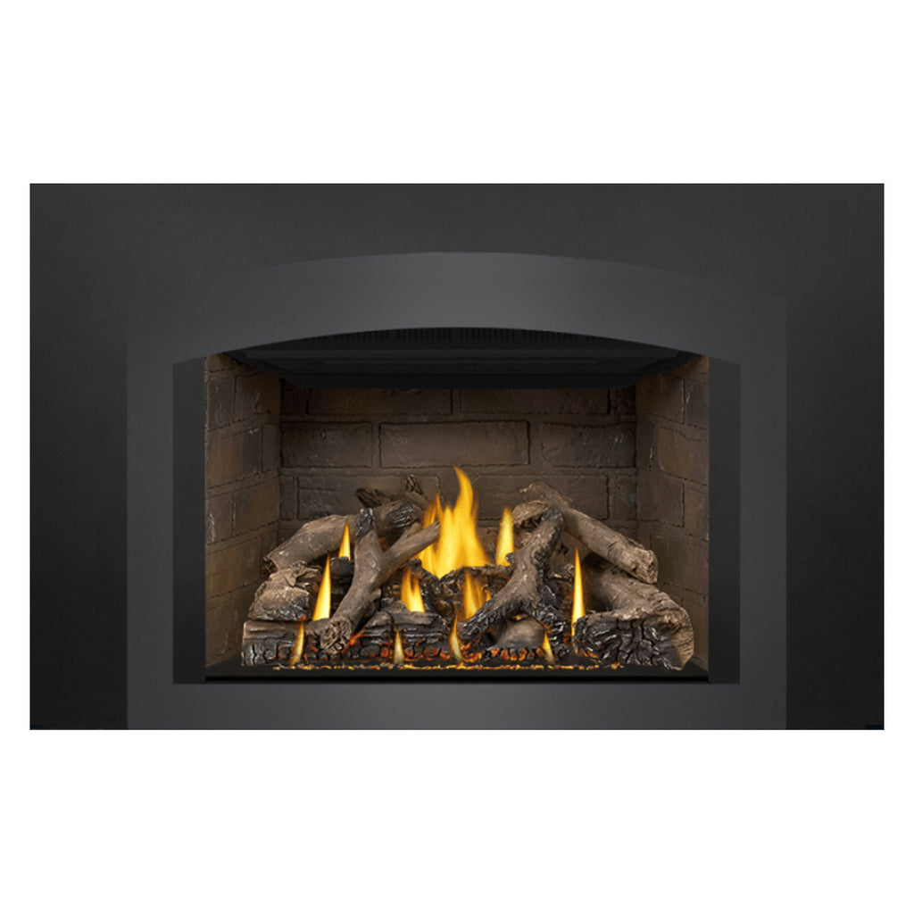 Direct vent gas fireplace insert front view with black surround and glowing flames in firebox