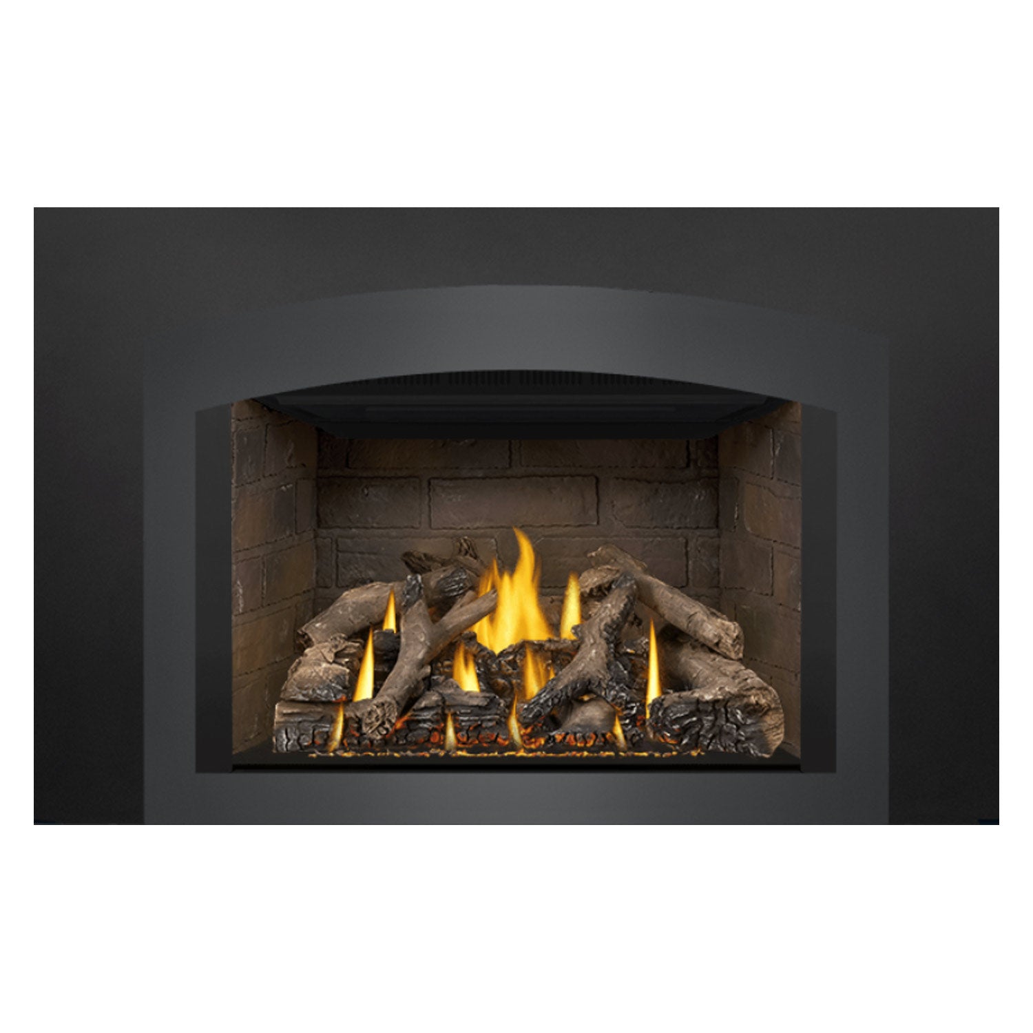 Direct vent gas fireplace insert front view with black surround and glowing flames in firebox