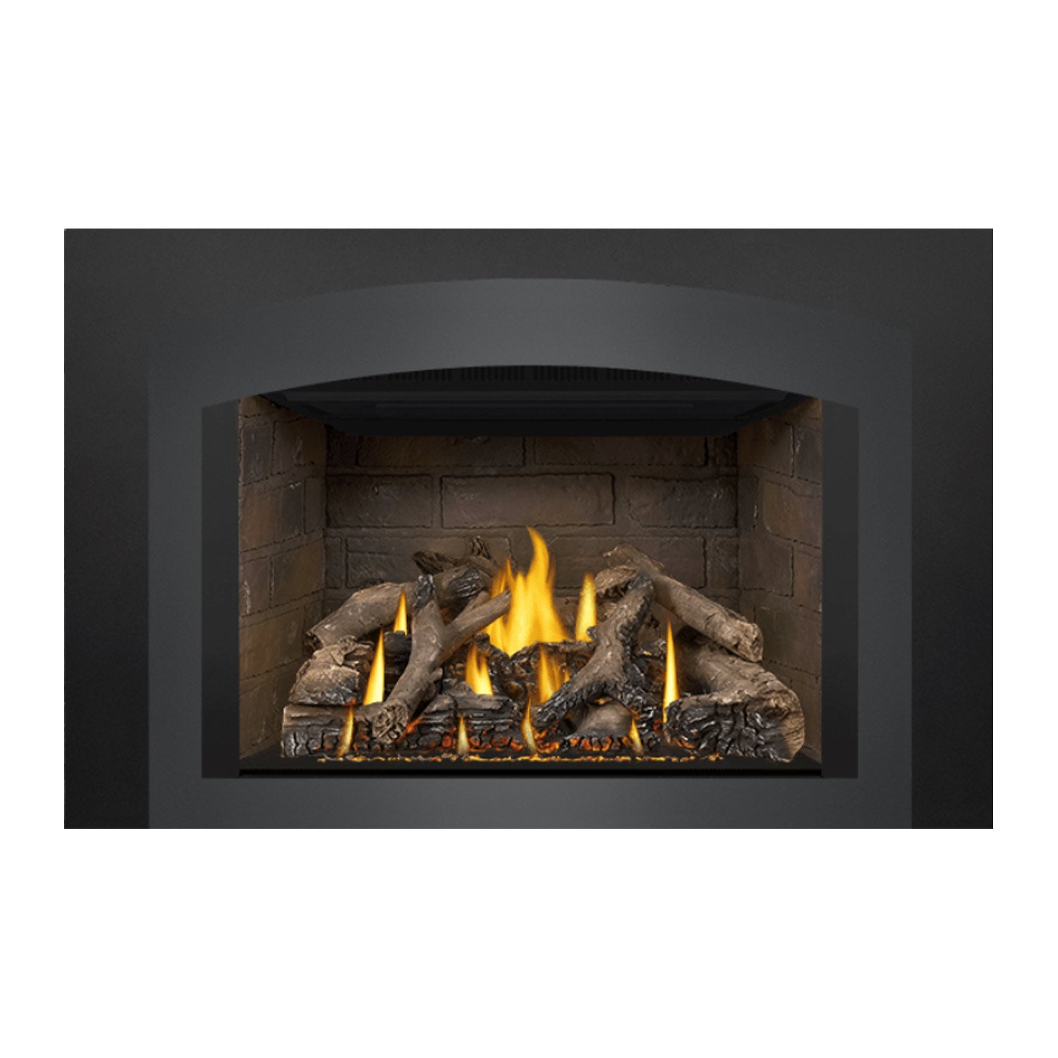 Direct vent gas fireplace insert with arched black trim and burning log bed with yellow flames