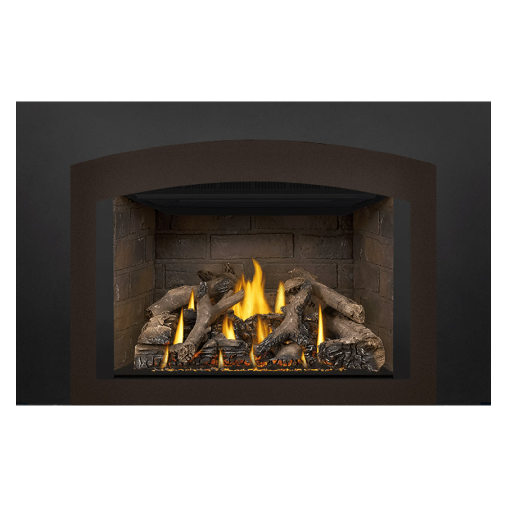 Direct vent gas fireplace insert showing black surround, flames, and stacked gray log pieces