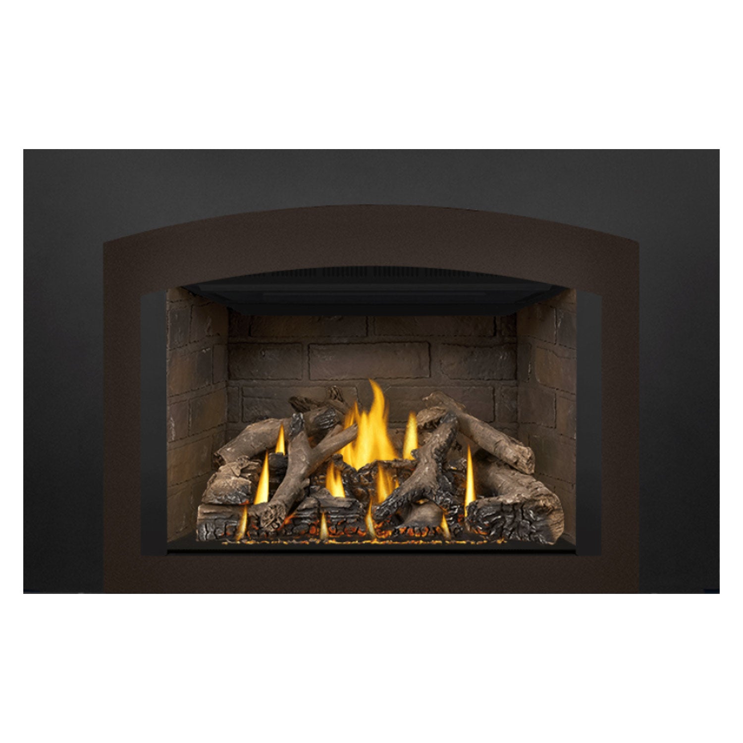 Direct vent gas fireplace insert showing black surround, flames, and stacked gray log pieces