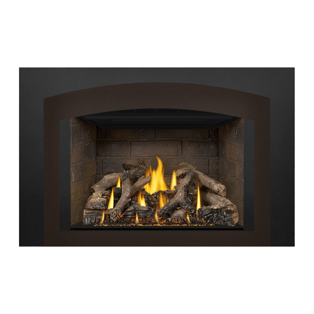 Direct vent gas fireplace insert with black surround, arched opening, and glowing fire logs