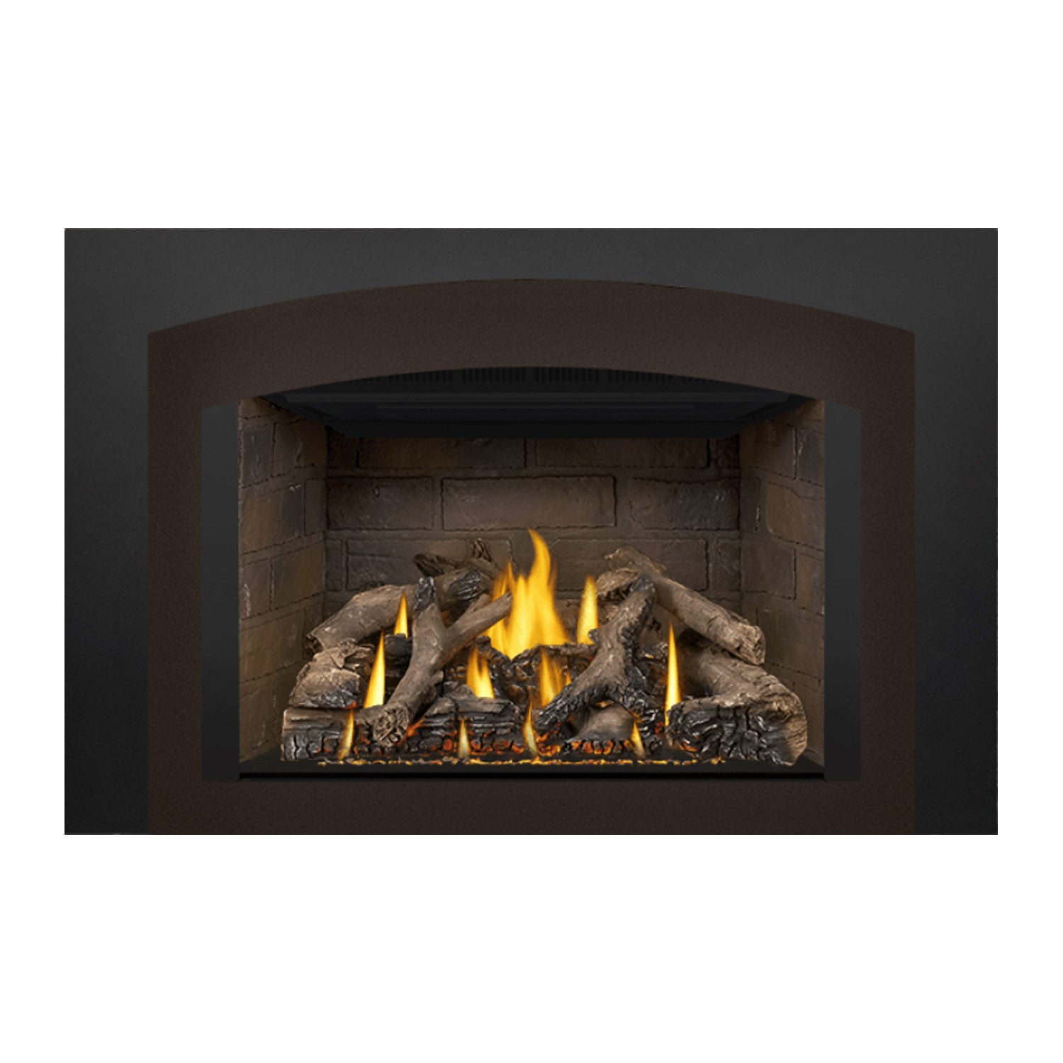 Direct vent gas fireplace insert with black surround, arched opening, and glowing fire logs