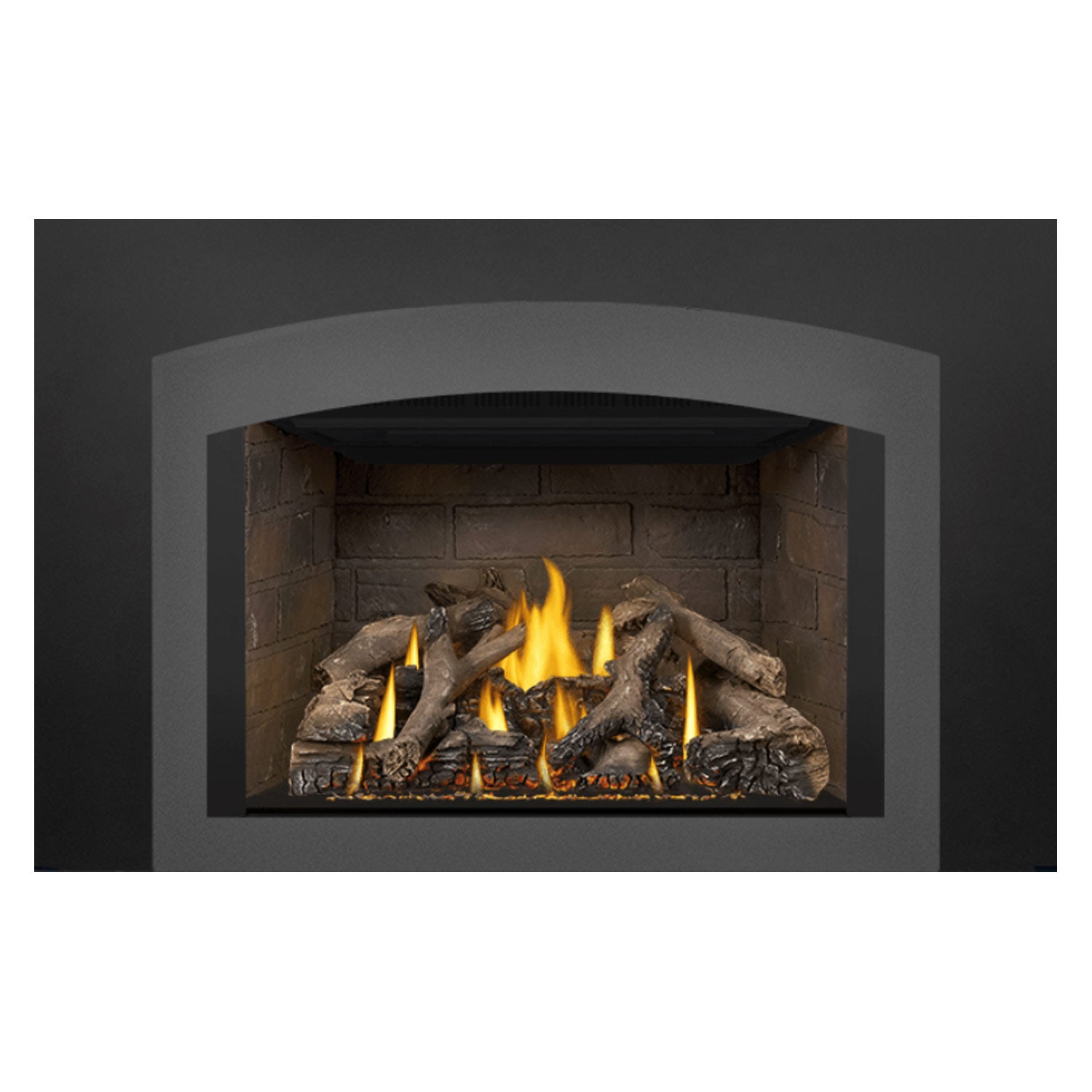 Direct vent gas fireplace insert with black surround and lit burner grate above log bed