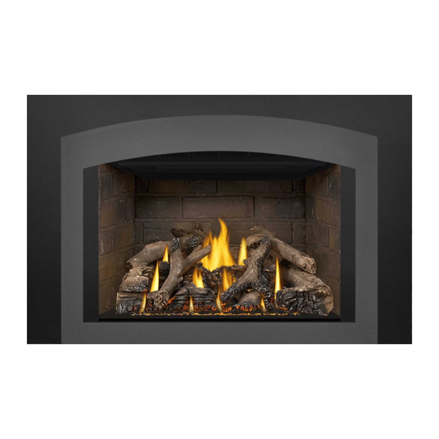 Direct vent gas fireplace insert with black surround and bright yellow flames over dark logs