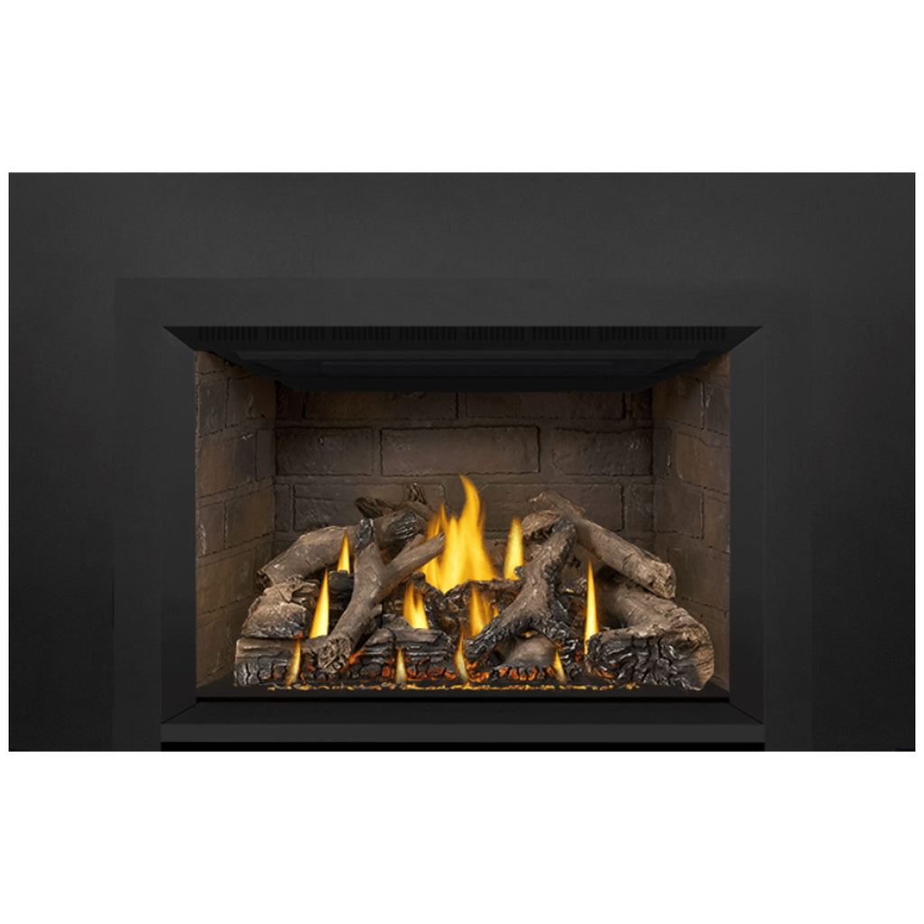 Gas fireplace insert with burning flames and decorative logs in a rectangular firebox