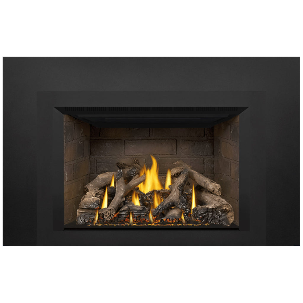 Gas fireplace insert showing burning flames and dark log pieces inside the rectangular firebox