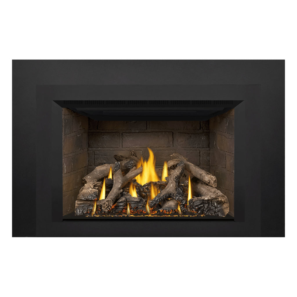 Gas fireplace insert with visible flames and dark decorative logs arranged in the firebox
