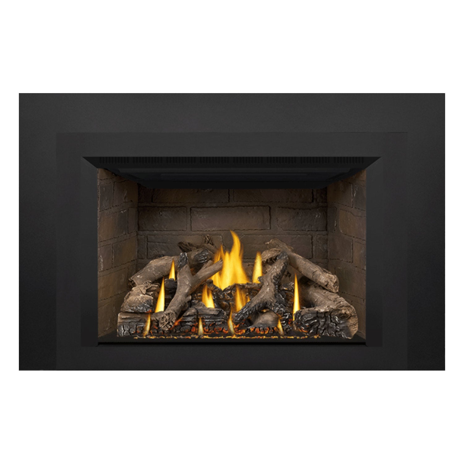 Gas fireplace insert with visible flames and dark decorative logs arranged in the firebox
