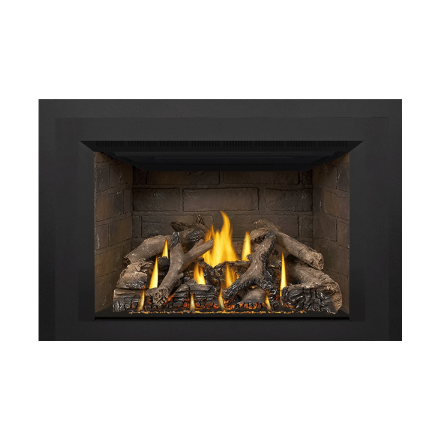 Gas fireplace insert firebox with burning flames and decorative logs along the base