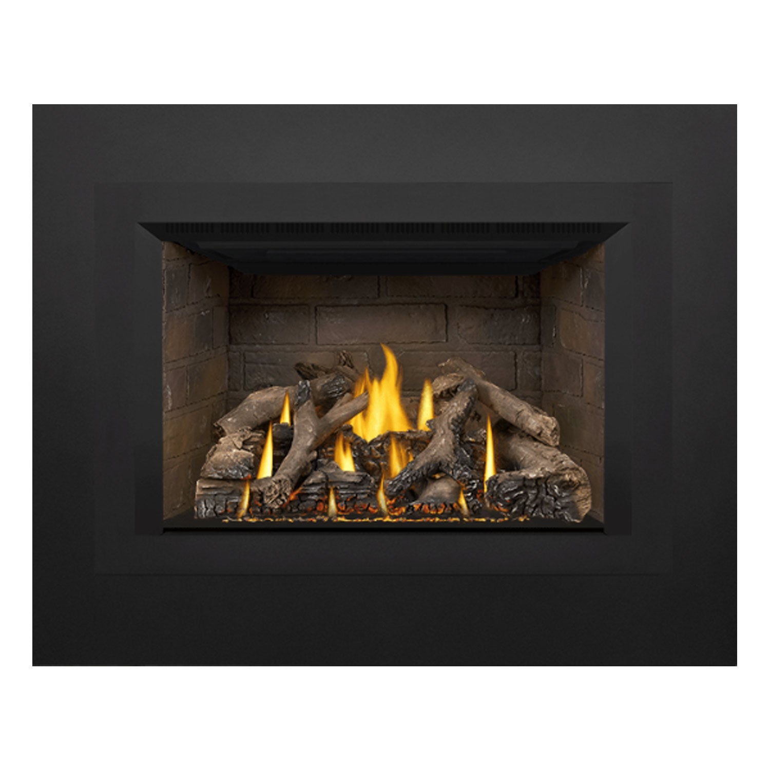Direct vent gas fireplace insert with dark trim, stone interior, and flames over logs.