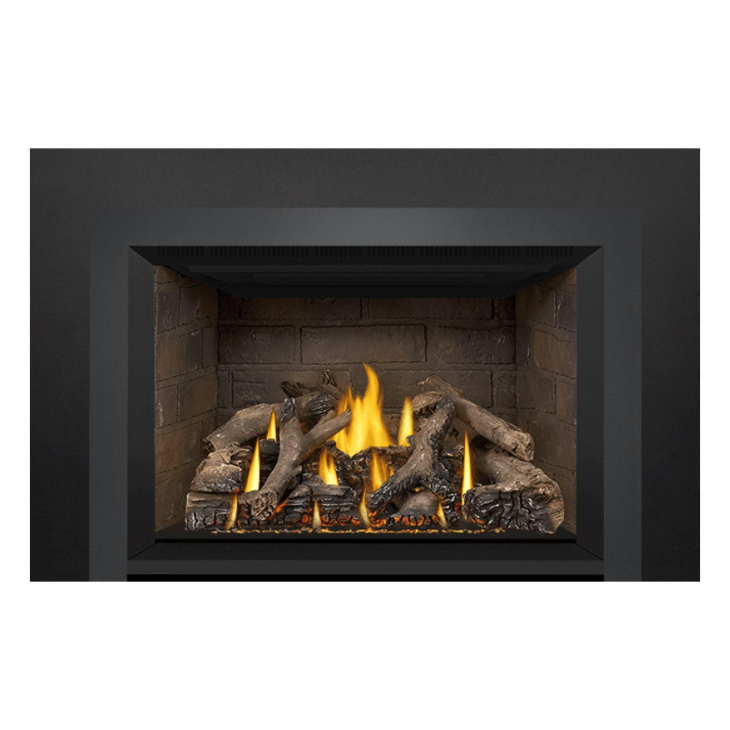 Gas fireplace insert with illuminated flames and decorative logs in the center firebox