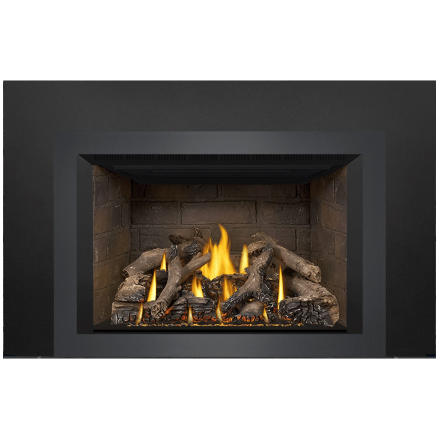 Direct vent gas fireplace insert featuring stone firebox with burning flames and log set.