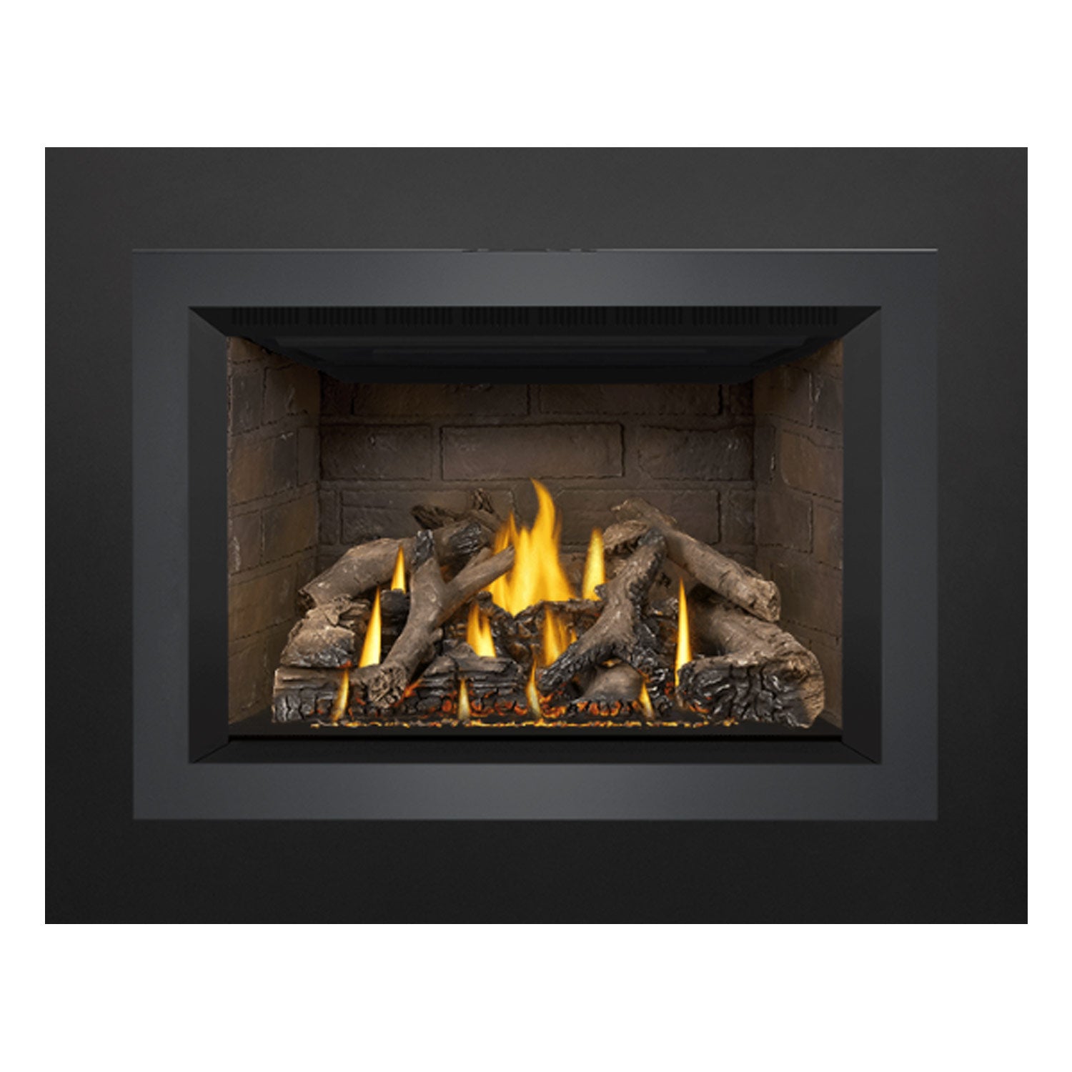 Direct vent gas fireplace insert showing stone firebox surround with flames and log bed.