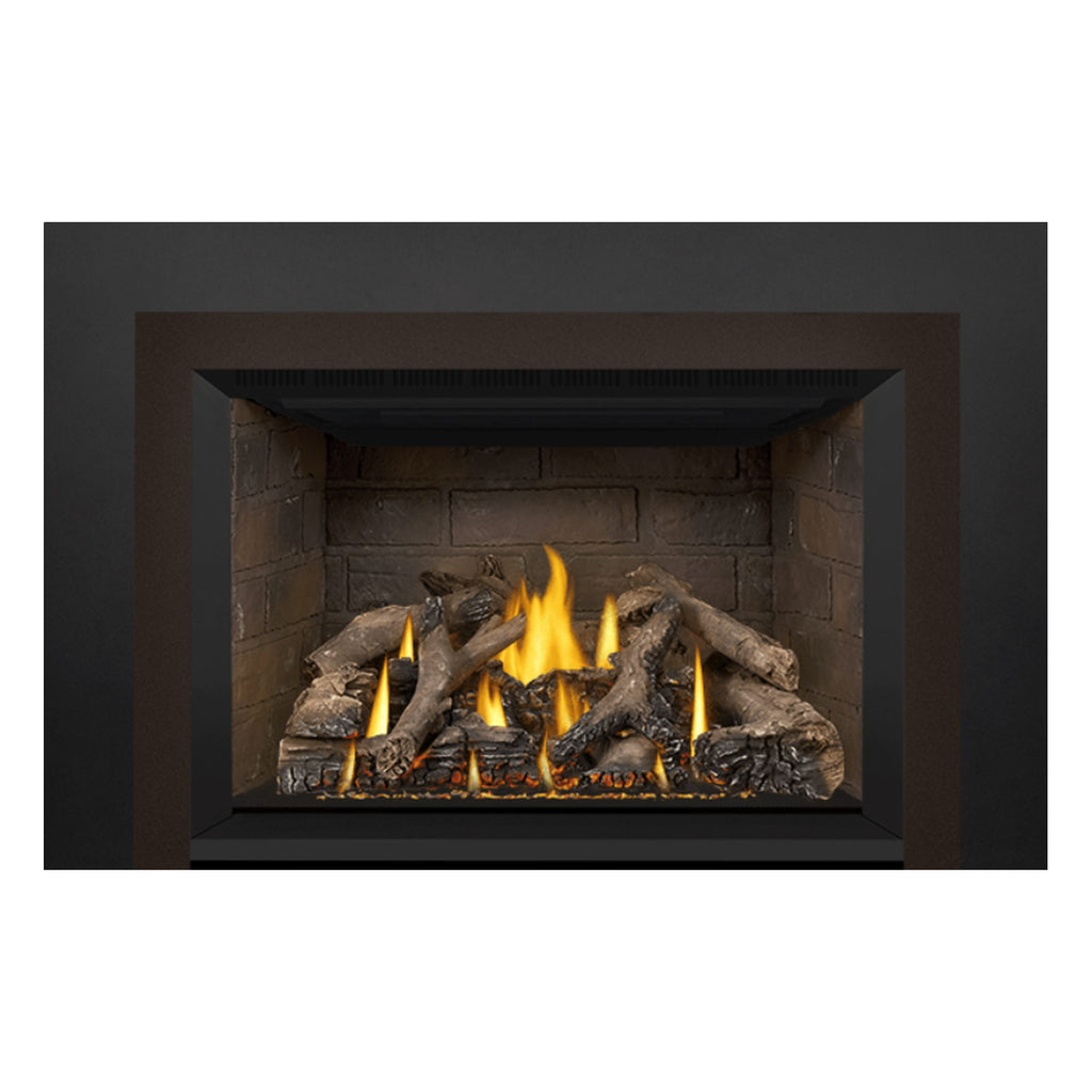Rectangular gas fireplace insert with burning flames over dark logs