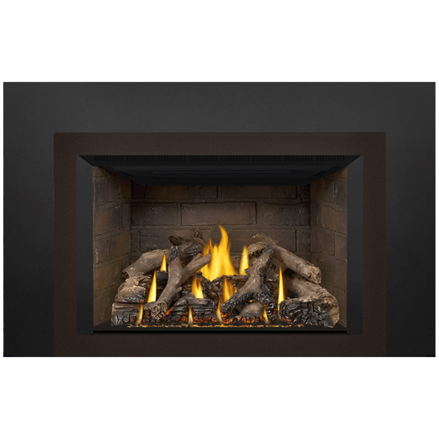 Direct vent gas fireplace insert front opening showing stone firebox, flames, and logs.
