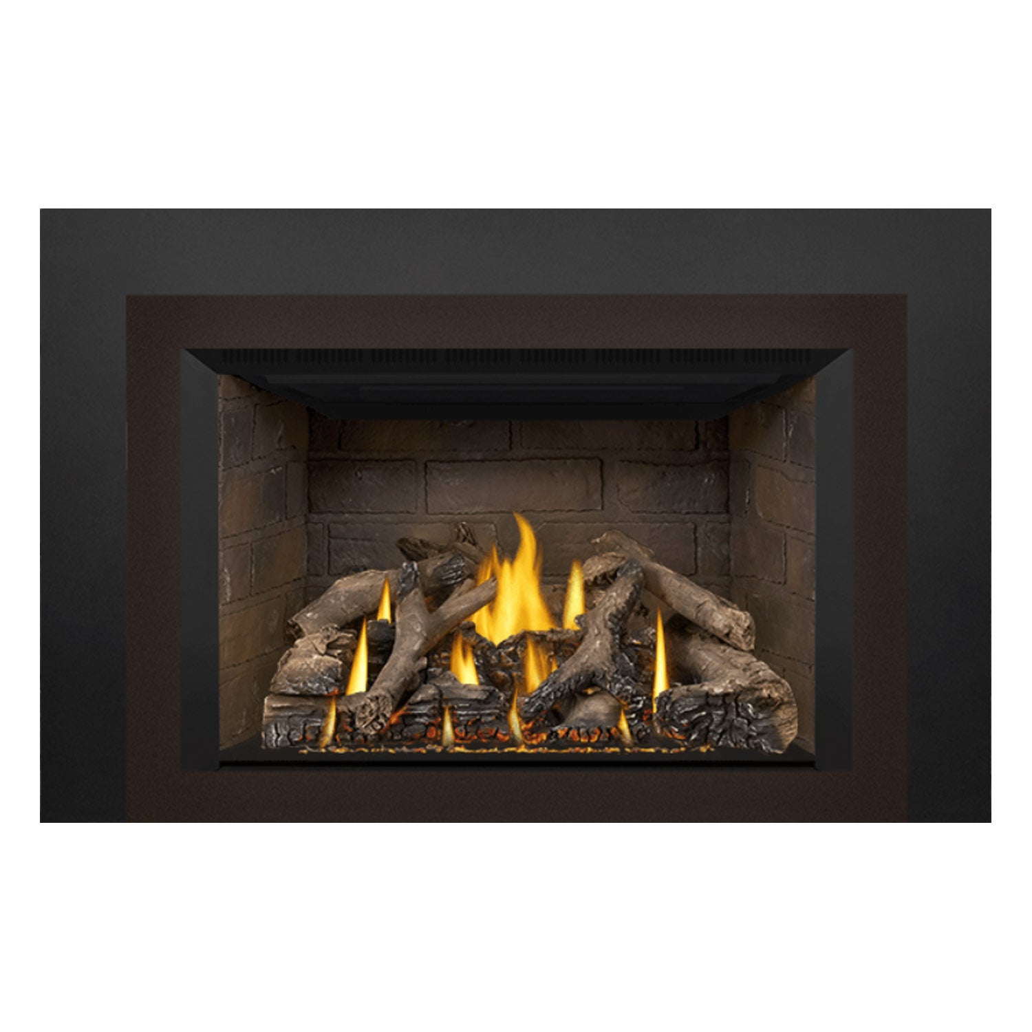 Direct vent gas fireplace insert with dark trim, stone firebox, burning flames and logs.