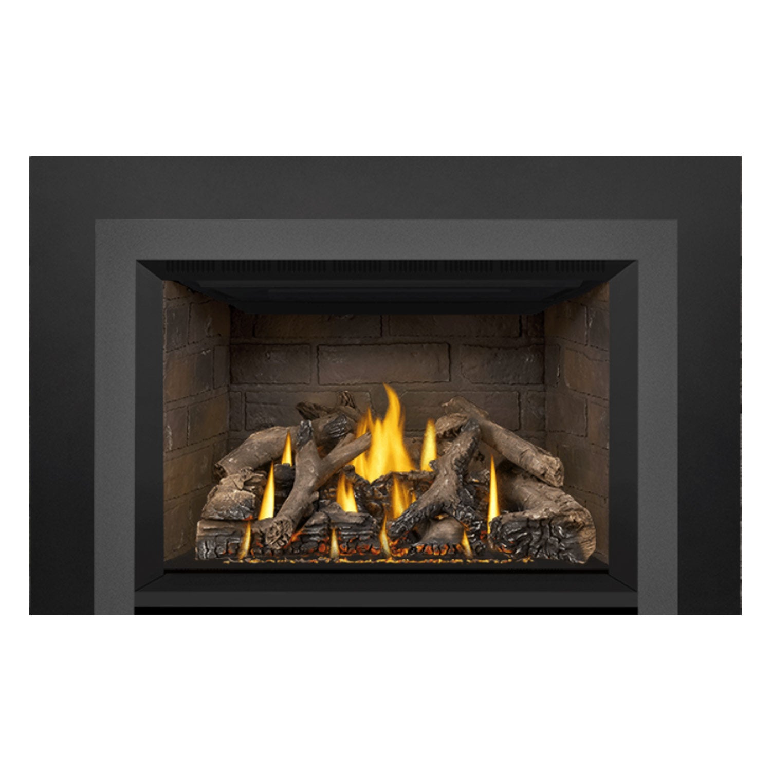 Gas fireplace insert with burning flames and stacked decorative logs inside a brick surround